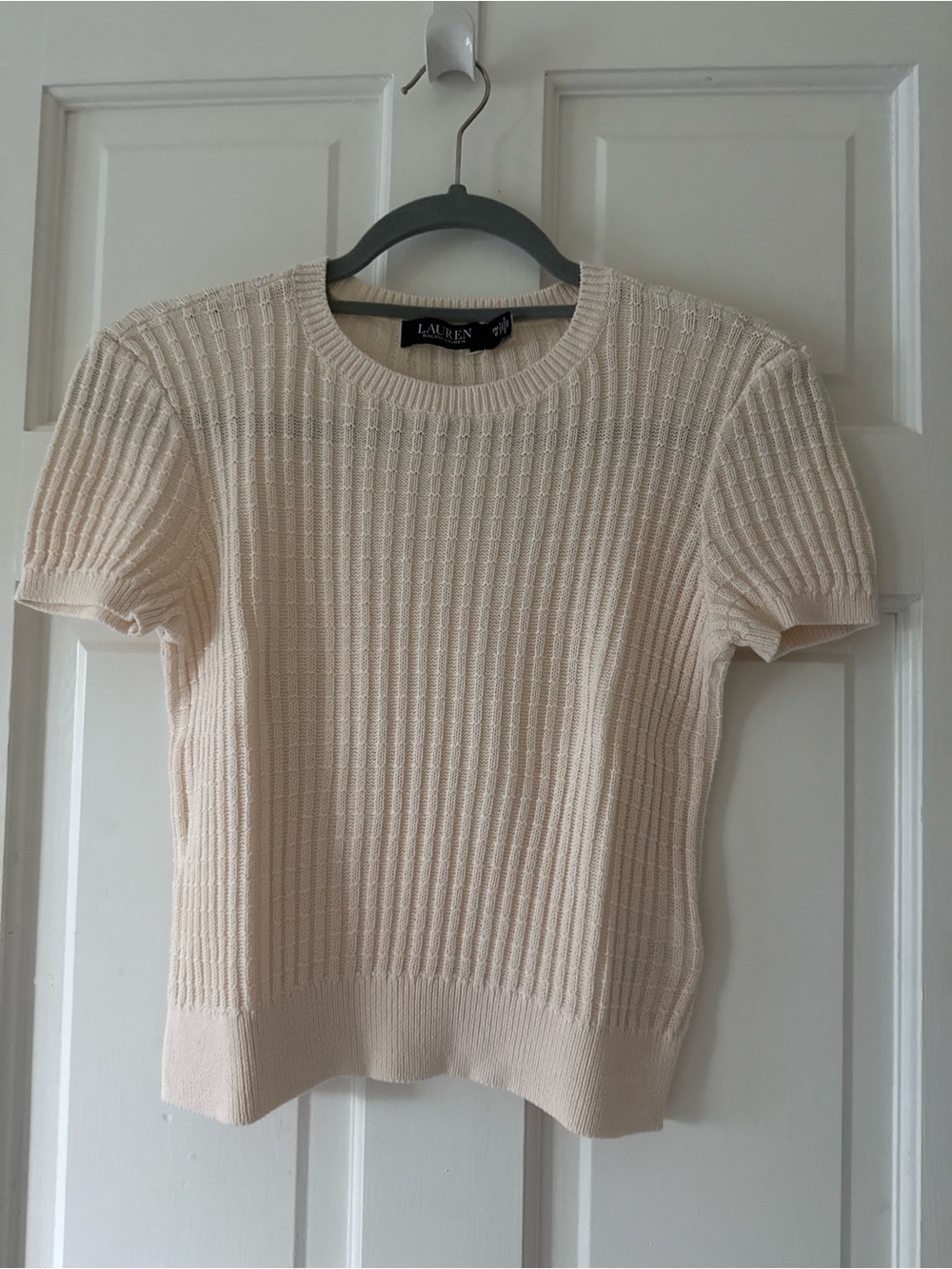 Lauren Ralph Lauren Linen Cotton Cream Ribbed Crewneck Short Sleeve Sweater